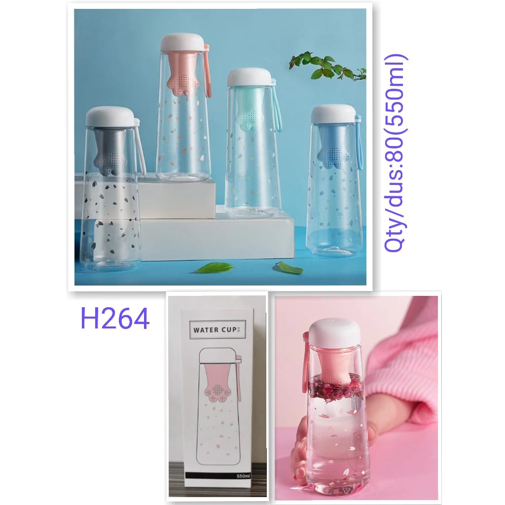 H264 Botol Minum Paw Cat 550ml Cute Claw Tea Infuser Kucing Lucu Unik / Botol Air Minum Sakura-3