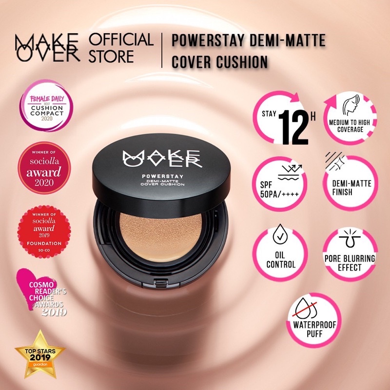 MAKE OVER Powerstay Demi-Matte Cover Cushion - Cushion matte high coverage BEST SELLER ringan oil control make up tahan lama 24 jam non-comedogenic