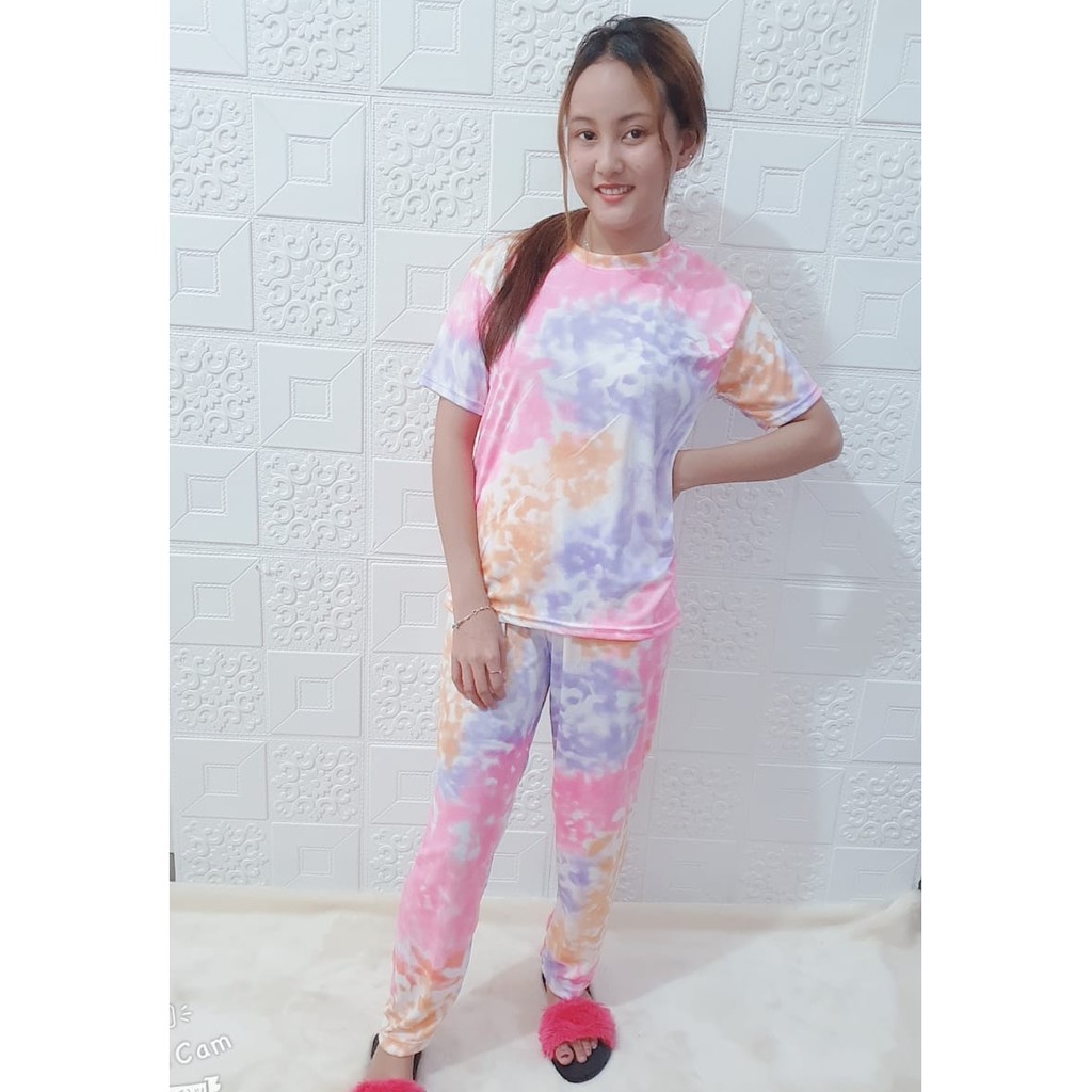 Rillo - Set Setelan CP  Wanita Tie Dye / Cotton Candy /bt21 bordir Fit XL-Orange Pink CP