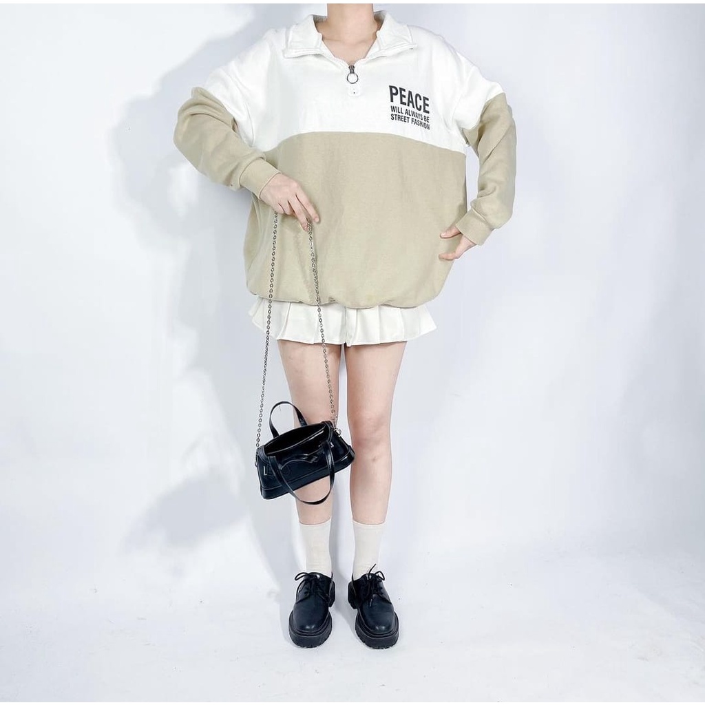 CREWNECK PEACE ZIPER COLLAR OVERSIZE SWEATER / SWEATSHIRT SWEATER OVERSIZE WANITA