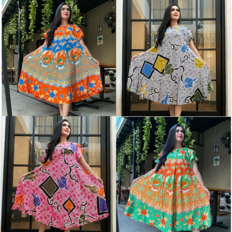 daster jumbo lengan pendek sogan baju hamil dan busui atasan batik pekalongan bahan rayon baju tidur dress wanita baju perempuan motif batik