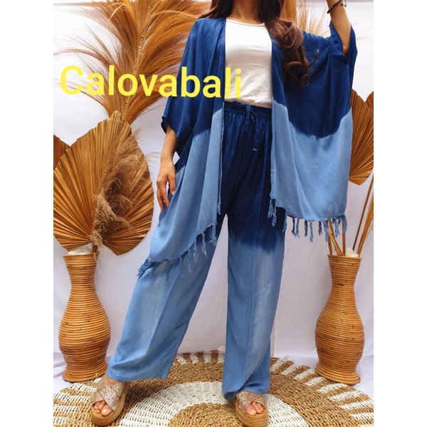 Setelan Wanita Atasan Outer Batwing Celana Kulot Jumbo Rayon Tie Dye Gradasi Bali