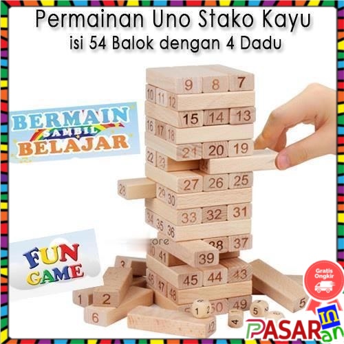 ⭐Taffware Permainan Uno Stako Kayu Balok dengan Dadu - Permainan Balok Kayu