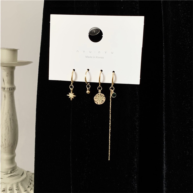 [ACKER] 4 Pcs/set Korea Desain Vintage Alloy Stars Set Anting-Anting Panjang Untuk Wanita