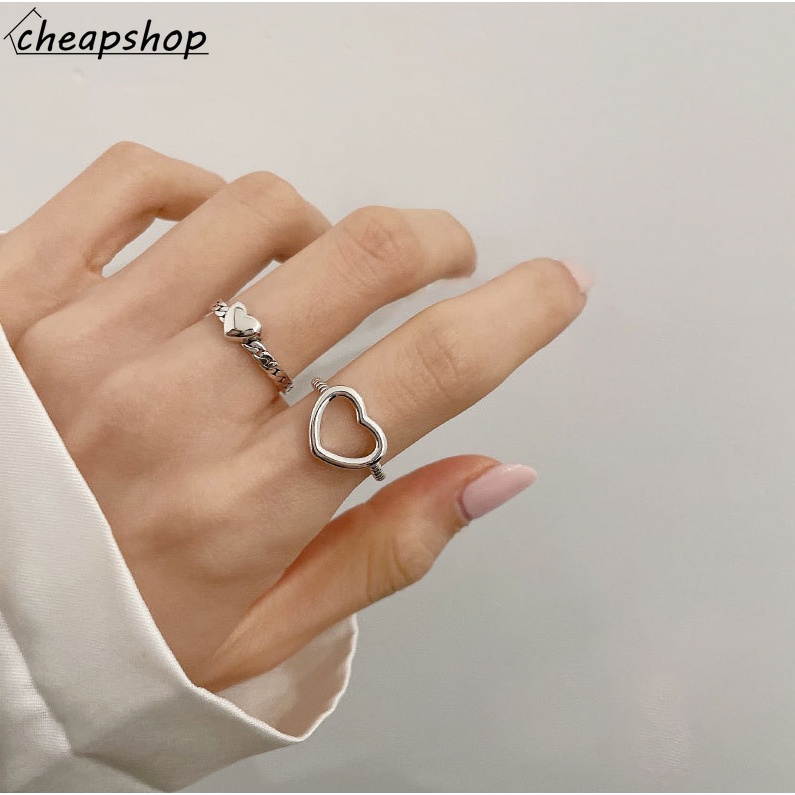 IFYOU 2pcs / set Cincin Jari Bentuk Hati Warna Silver Gaya Korea Untuk Wanita