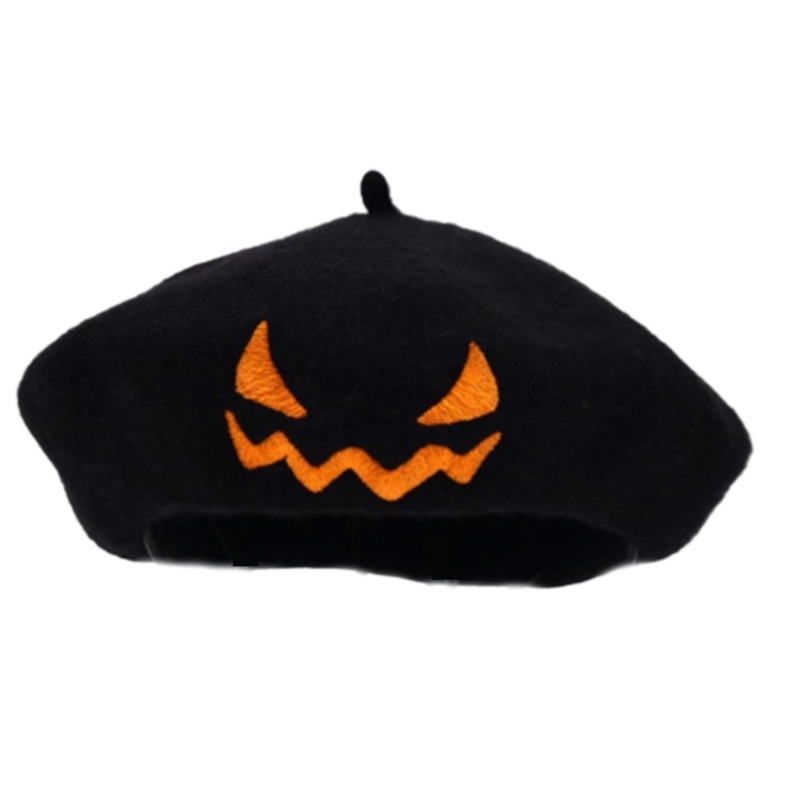 Topi Baret Desain Labu Halloween Tersenyum Gaya Retro Untuk Pesta