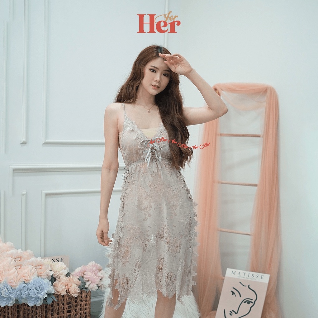 1164 Lingerie Sexy Sling Lace Renda Transparant Baju Tidur Seksi Hot Sleep Wear Premium Burkat Baju Dinas Malam Pertama All Size-Abu-abu