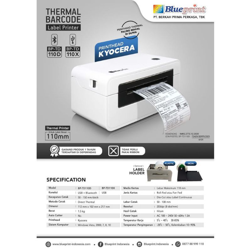 BP-TD110D Printer Resi Label Pengiriman A6 100x150 BLUEPRINT 110D Bluetooth Thermal Sticker Barcode