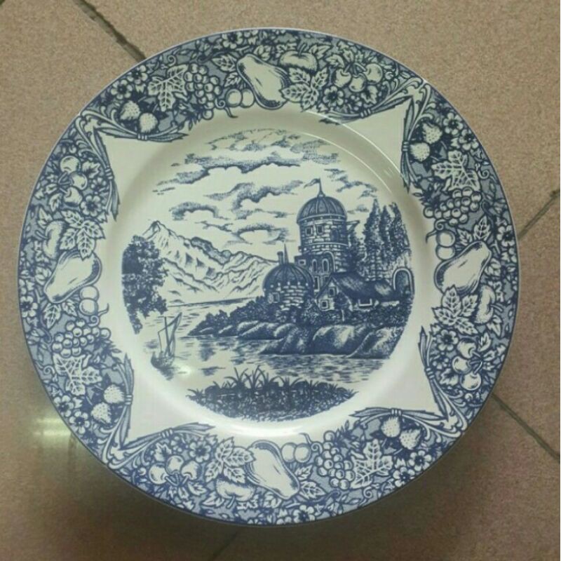 Piring Jadul Blue Lake Wall Plate Decor SANGO Biru Putih Tableware