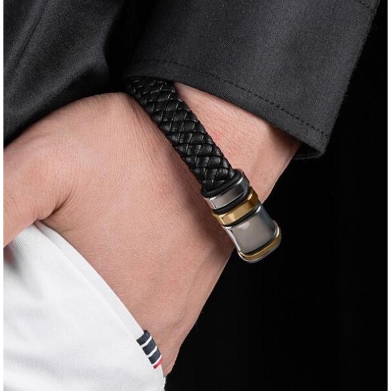 Gelang Bahan Kulit Woven Warna Hitam Dengan Gesper Metal Magnetik Untuk Pria