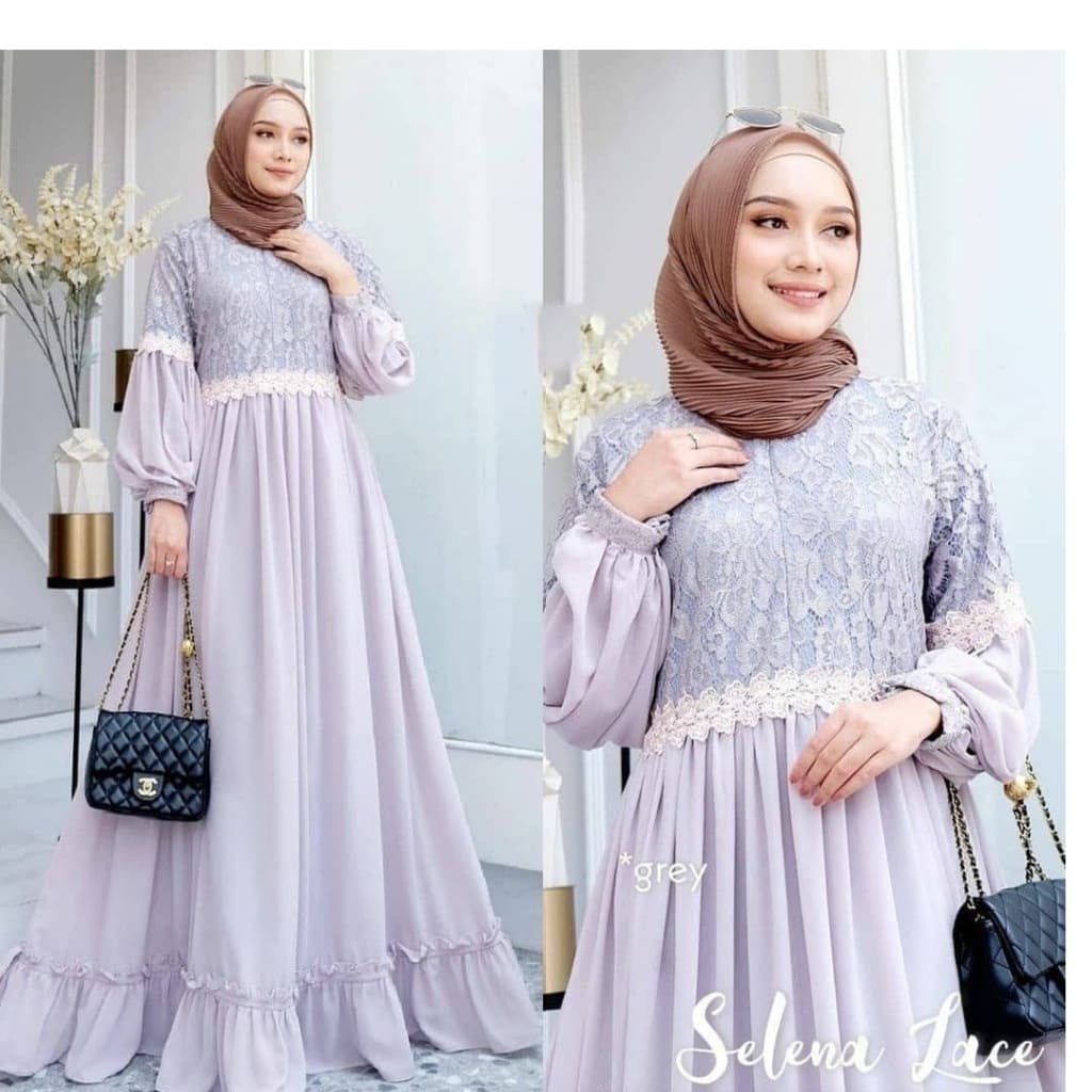 SELENA LACE MAXI Kain CERUTY BABYDOLL FULL PURING MIX BRUKAT RENDA Tersedia Warna : GREY, MINT, DUSTY, GOLD, BROWNIE UKURAN ONE SIZE ( SATU UKURAN ) LINGKAR DADA BAJU -/+ 112 CM PANJANG BAJU -/+ 141 CM PANJANG TANGAN -/+ 57 CM