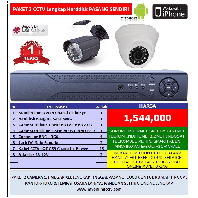 Paket 2 Kamera CCTV Rekam HD 1.3Megapixel Camera Outdoor Indoor Online