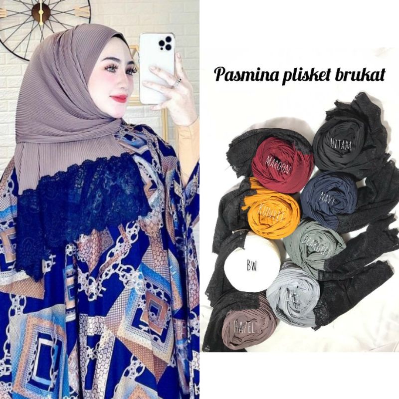 PASHIMNA PLISKET RENDA BRUKAT 180 X 75 / PASHMINA PLISKET BROKAT BAHAN DIAMOND PREMIUM