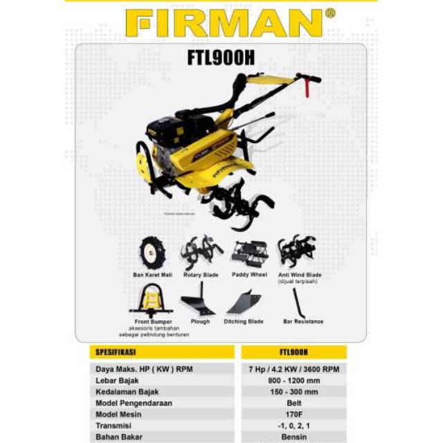 Mesin tilling FTL 900 H firman traktor sawah