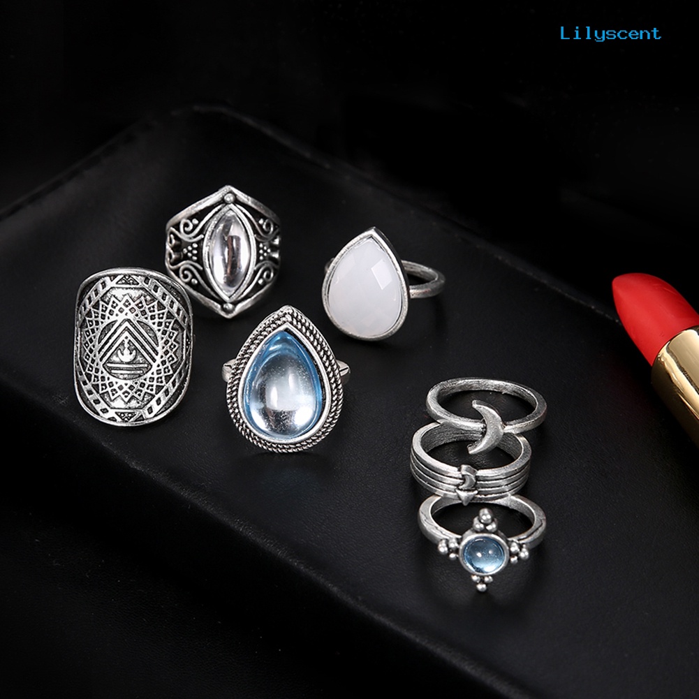 7pcs / Set Cincin Knuckle Bentuk Bulan Tetesan Air Opal Buatan Gaya Retro Untuk Wanita