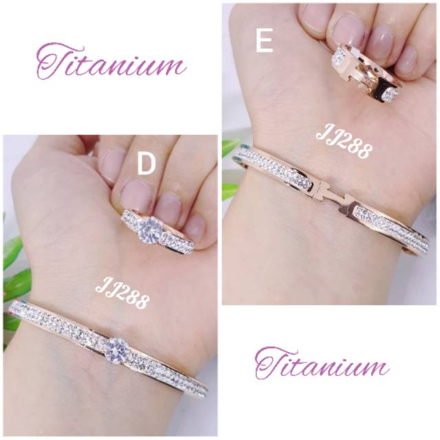 Gelang set+Cincin(JJ-288)titanium asli anti karat&amp;alergi rose gold uk6Cm permata