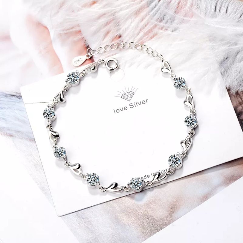 gelang tangan bahan CUBIC ZIRCONIA heart shapped bracelet silver aaa crystal