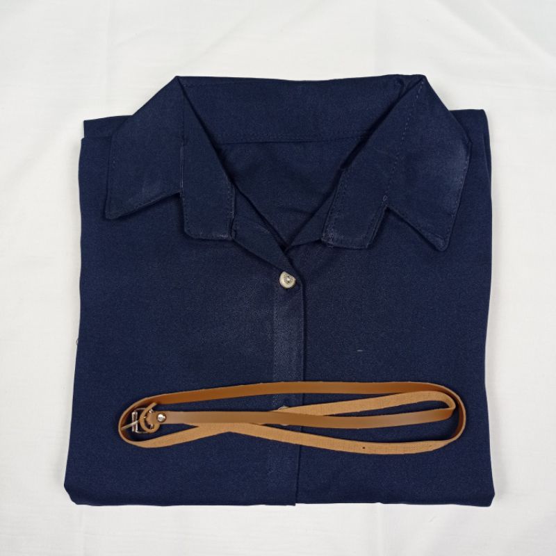 Kemeja Wanita Atasan Blouse Casual Polos Lengan Panjang Kekinian Bahan Moscrep Free belt model Korea-Nevi-015
