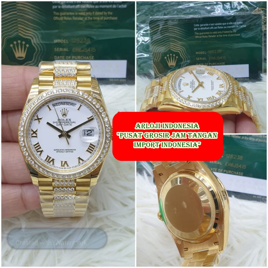 New Jam Tangan Wanita ROLEX DayDate 36mm Diamond Gold White SWISS ETA 1:1 Garansi 1th