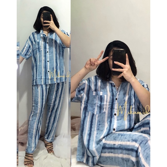 (COD) One set Piyama Abstrak Jumbo fit to Ld120cm | one set piyama rayon jumbo | one set pajamas Jumbo-BLUE JEANS LD120cm