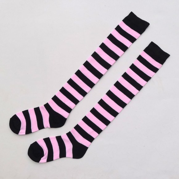 OKBE black and white overknee socks / kaos kaki belang hitam putih sepaha-pink muda X htm