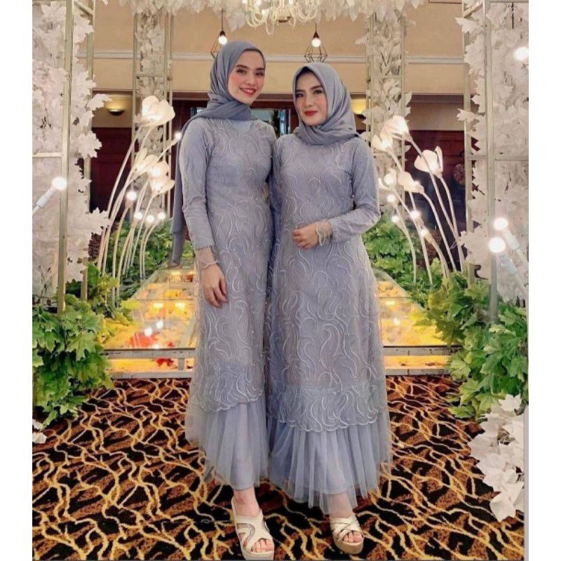 BAJU GAMIS DRESS PESTA KONDANGAN BRUKAT BROKAT WANITA MUSLIM S M L XL XXL JUMBO POLOS GERALDA WARNA ABU GREY