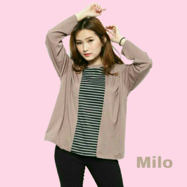 Kaos Kombinasi Salur/Kaos Lengan Panjang/Kaos Jumbo/Fashion Wanita Kekinian