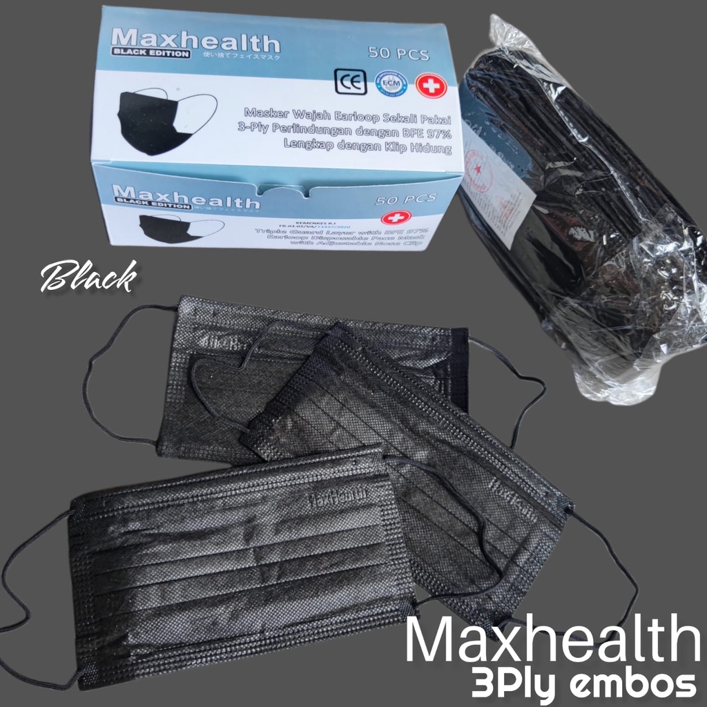 3PLY  HITAM MAXHEALTH - MASKER 3PLY BLACK KEMENKES  1 BOX ISI 50 PCS