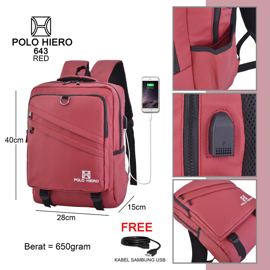 Best seller! Ransel Polo Hiero 643 Tas Sekolah Stylish Bahan Lembut,Licin (Free Kabel USB Extension) BISA COD