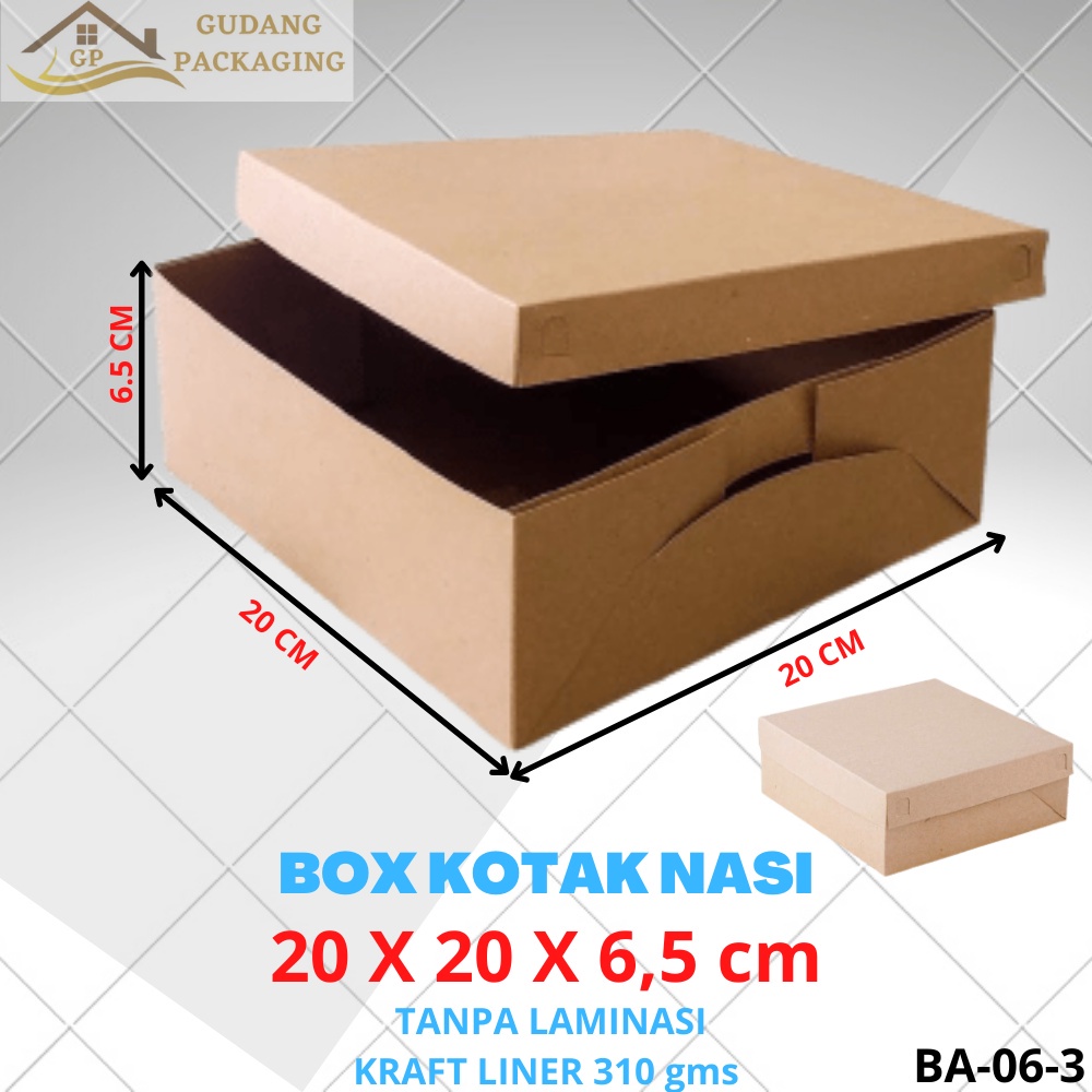 

KOTAK DUS BOX NASI KUE ROTI BOLU / KARDUS DUS BOX NASI CATERING NASI KOTAK DENGAN TUTUP TERPISAH 20X20X6,5 CM 310 GMS BA-06-03