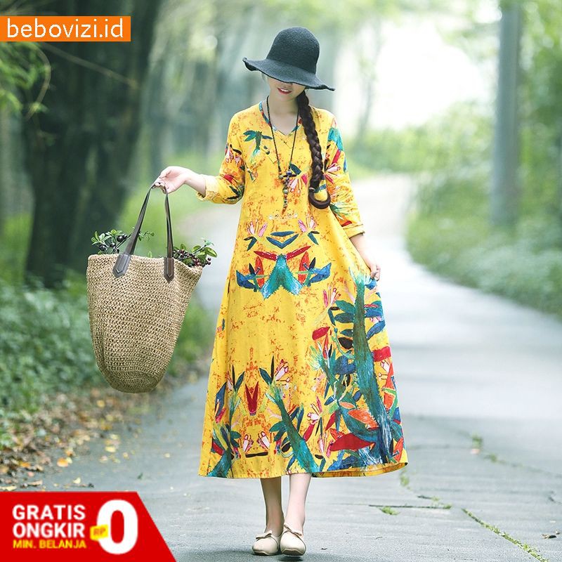 Maxi Dress Linen Katun Panjang Gar Lengan Panjang Wanita Casual Travel Elegant