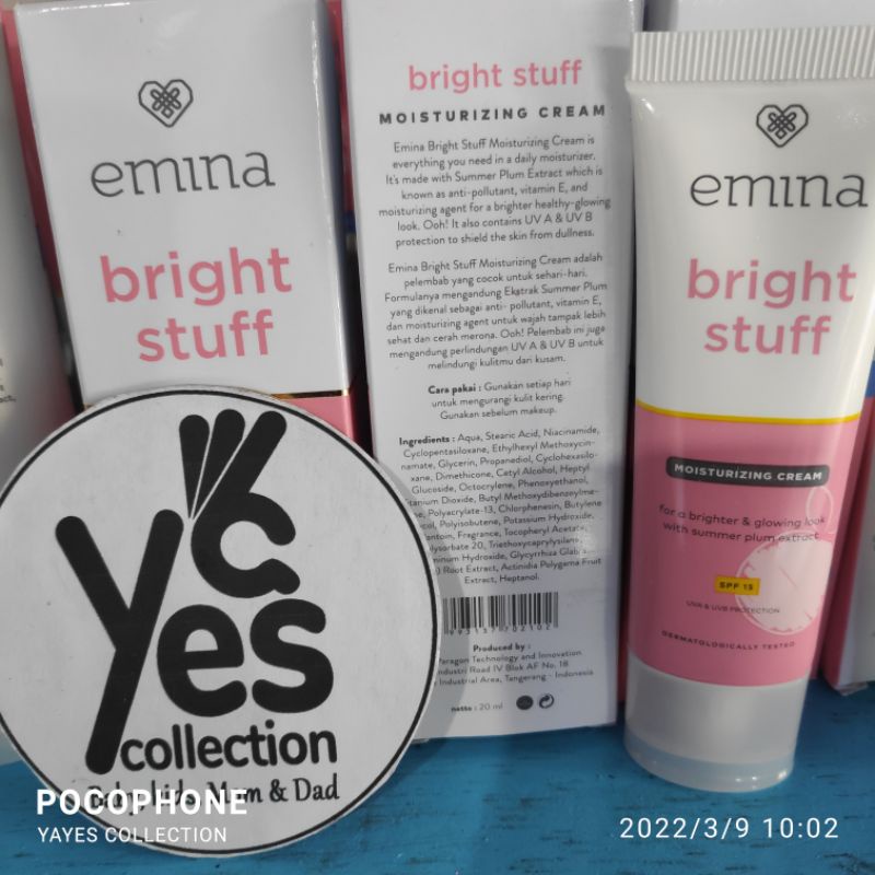 Emina Bright Stuff Moisturizing Cream 20 ml Acne Prone Skin Tone Up Krim Pelembab Muka Wajah Berjerawat Jerawat Normal Skin Glowing SPF 15 UVA UVB