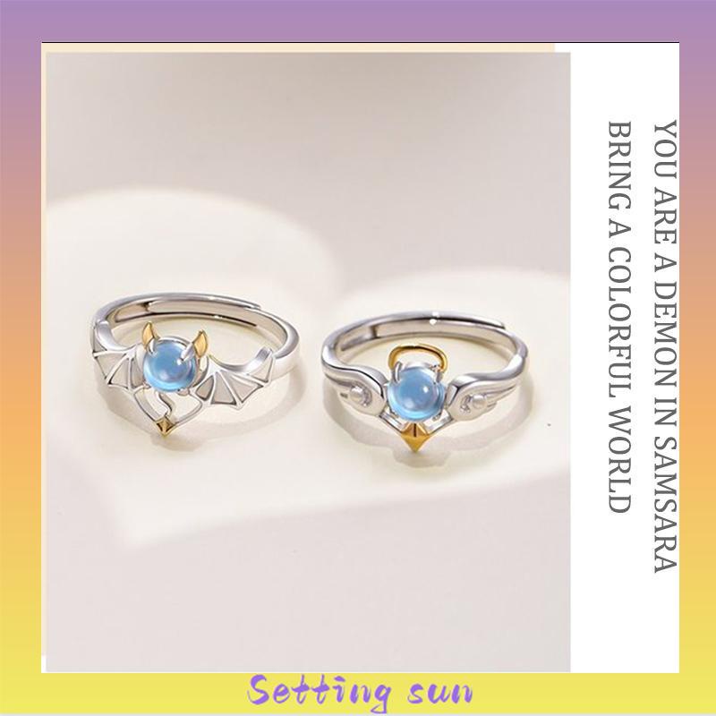 COD✨Cincin Wanita Perak Biru Moonstone Malaikat Setan Gaya Retro TN