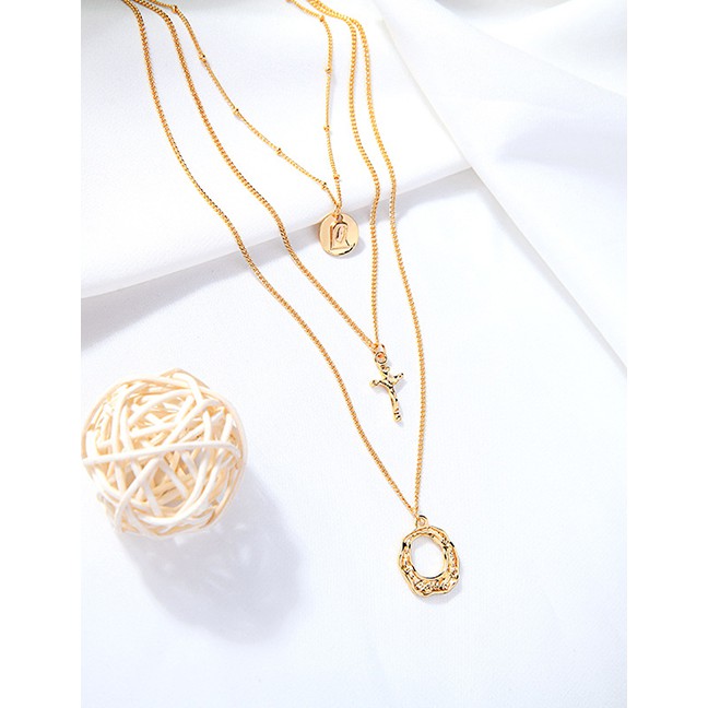 LRC Kalung Fashion Multilayer Necklace Alloy Multi-layer Cross Pendant Hollow Ring Necklace