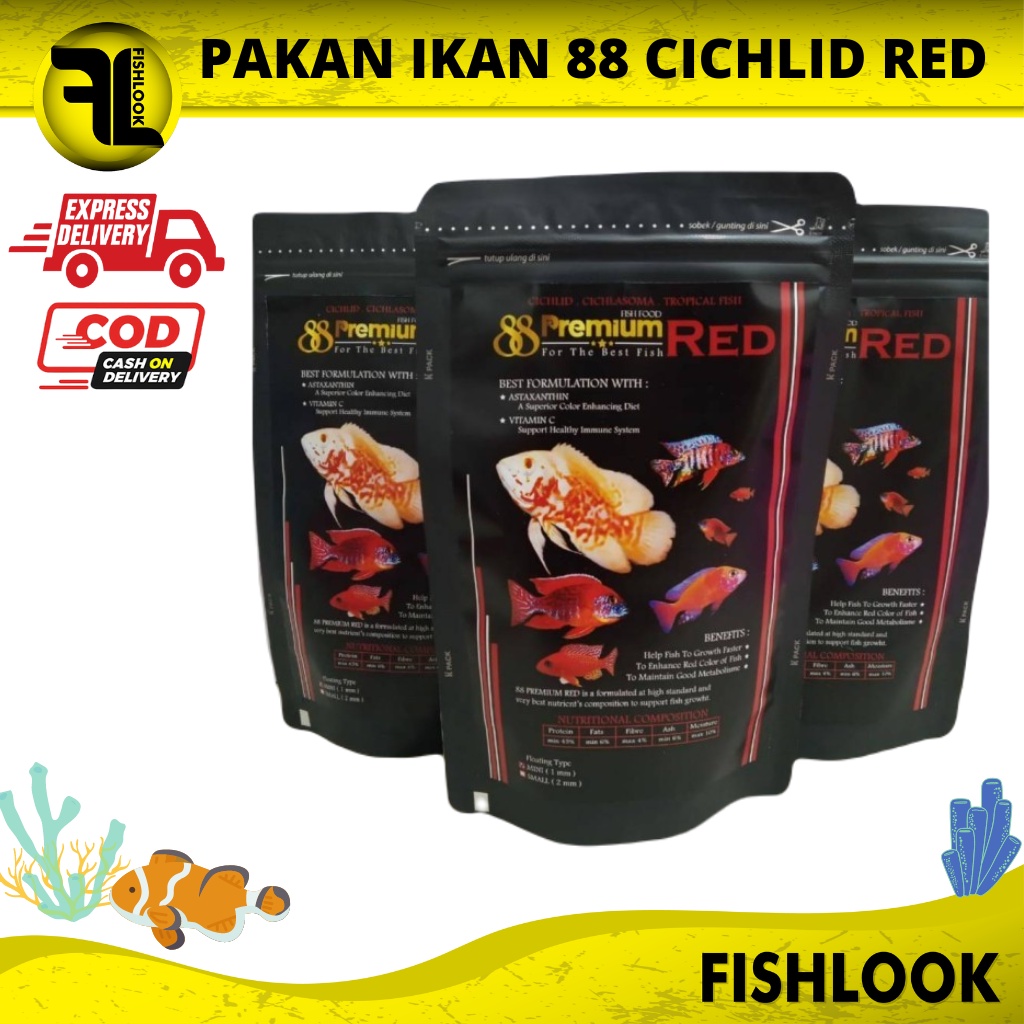Pelet ikan Premium 88 cichlid Yellow Blue Red &amp; Maxxi cichlid 100 gr