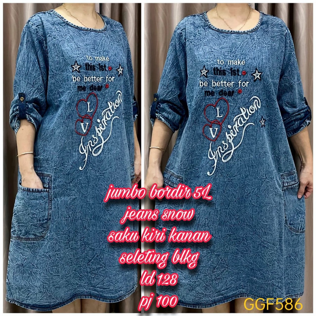 GGF586 Dress Jeans Jumbo Bordir 5L Jeans Snow Saku Kiri Kanan Resleting LD 128 Dress Lebaran