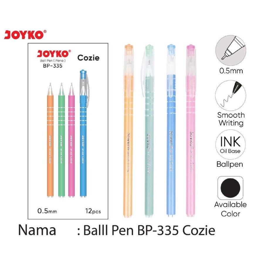 

(12 Pcs) Pulpen Bolpen Ballpoint Pen JOYKO BP-335 COZIE Hitam Black 0.5 mm Murah