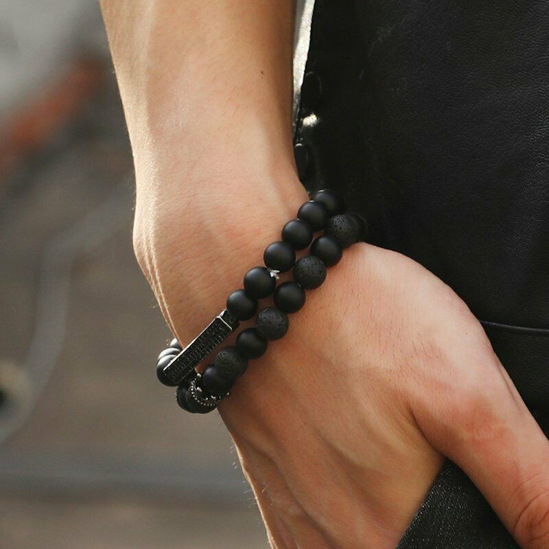 3pcs Gelang Manik-Manik Batu Hematite Warna Hitam Untuk Pria