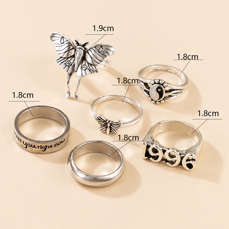 Fancyqube 6pcs / Set Cincin Desain Kupu-Kupu Tulisan 1996 Tai Chi Warna Silver Gaya Vintage Untuk Pria Dan Wanita
