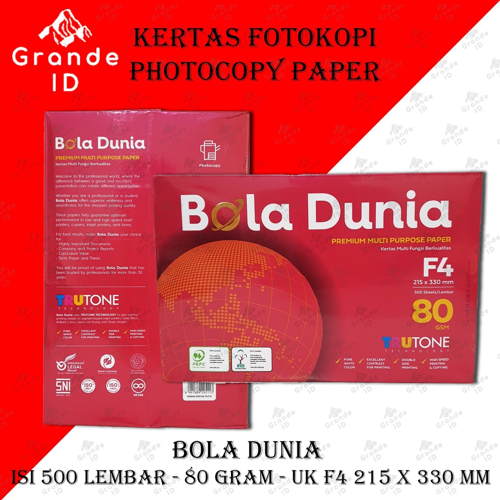 

KERTAS FOTOKOPI BOLA DUNIA 80 GRAM FOLIO F4 215 X 330 MM 500 LEMBAR