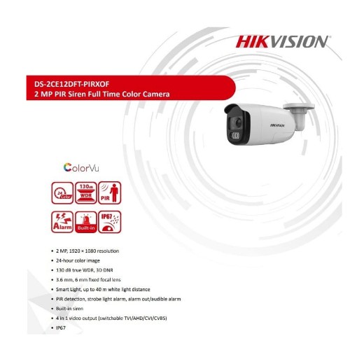 CCTV HIKVISION OUTDOOR DS-2CE12DFT-PIRXOF 2MP FULL TIME COLOR + SIRINE