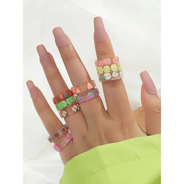 Cincin akrilik korea wanita aesthetic vintage resin anti karat motif lucu makanan jajan lollipop food buah buahan fruit fruits barbie berbi barbi love hati