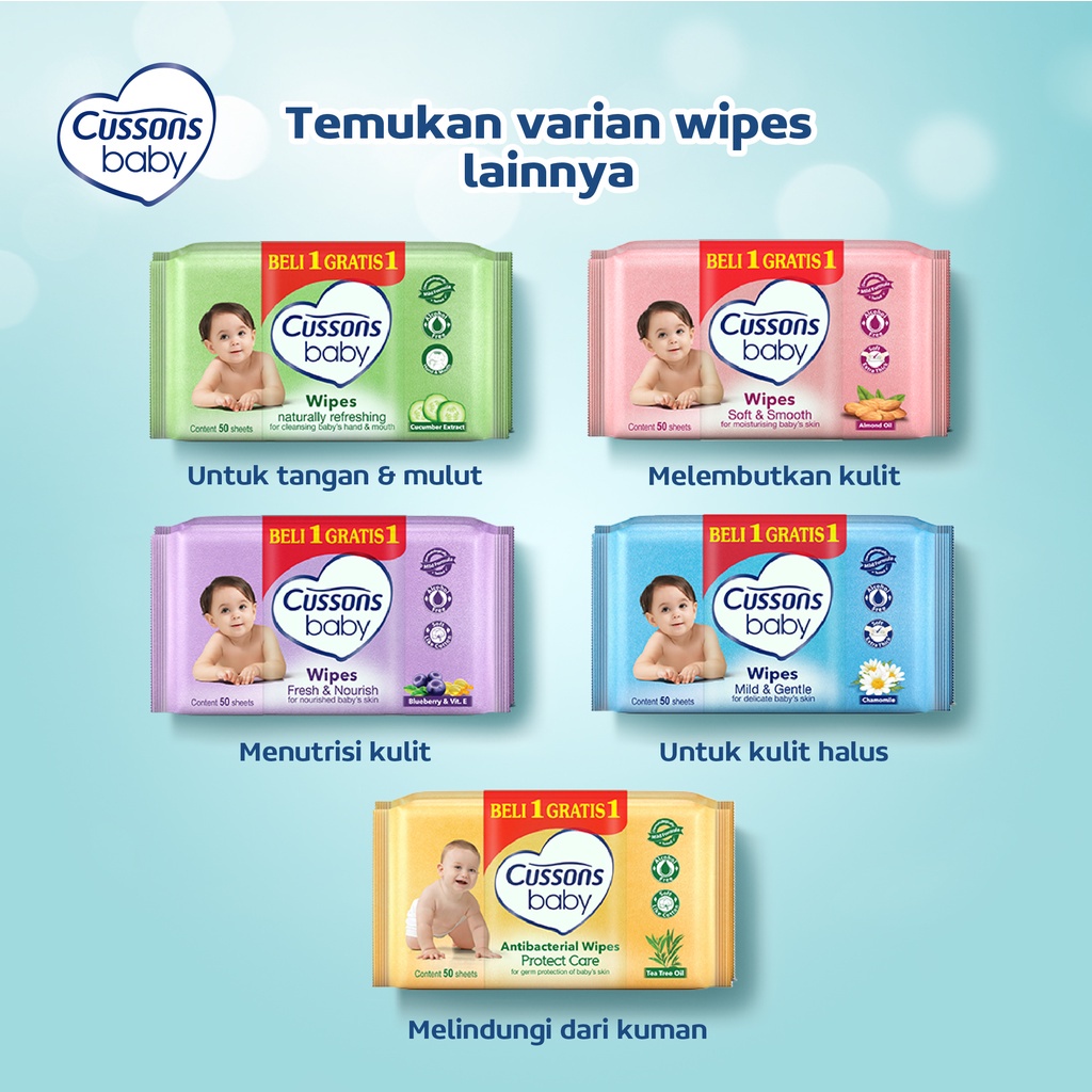 (Beli 1 Gratis 1) Cussons Baby Wipes Tissue Basah 45s -  Tisu Basah Pink Soft &amp; Smooth / Biru Mild &amp; Gentle /  Ungu Fresh &amp; Nourish