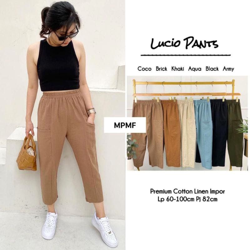Celana Baggy Lucio Pants Linen Premium impor Saku Samping Pinggang