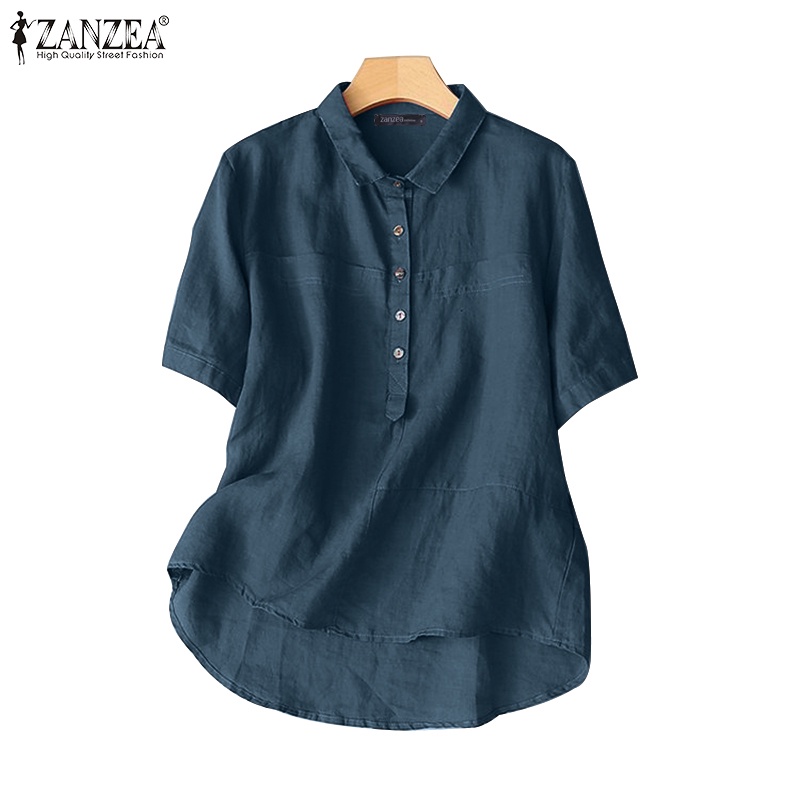 ZANZEA Retro Women Shirt Tops Turn Down Collar Casual Solid Half Sleeve High Low Blouse