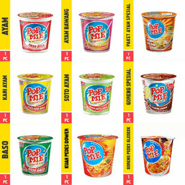 

Pop Mie 75 gr - Varian Ayam/ Goreng/ Pedas Dower Gledek/ Bakso