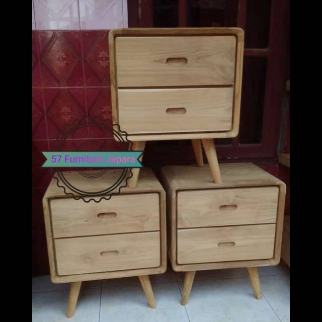 Meja samping dipan Nakas laci 2 hias kayu jati retro - Bedside Table unik mentahan/ Unfinished