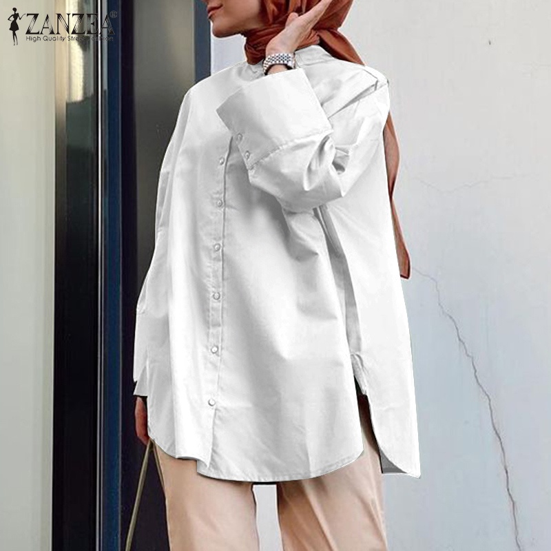 ZANZEA Women Daily Casual Solid Color Turn-Down-Collar Full Sleeve Loose Muslim Blouse