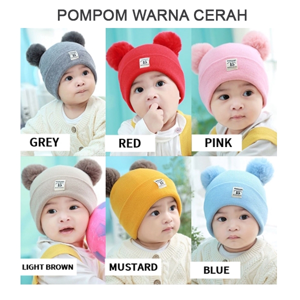 Topi Kupluk dan Rajut Bayi Anak Laki-laki Perempuan Wol Hangat Lembut dengan Hiasan Bola Pom-pom