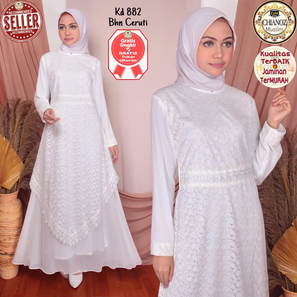 CHIANOZ Gamis Putih Mewah Shakira Dress Brukat Renda Baju Lebaran Umroh Haji Manasik Pesta Akad 882